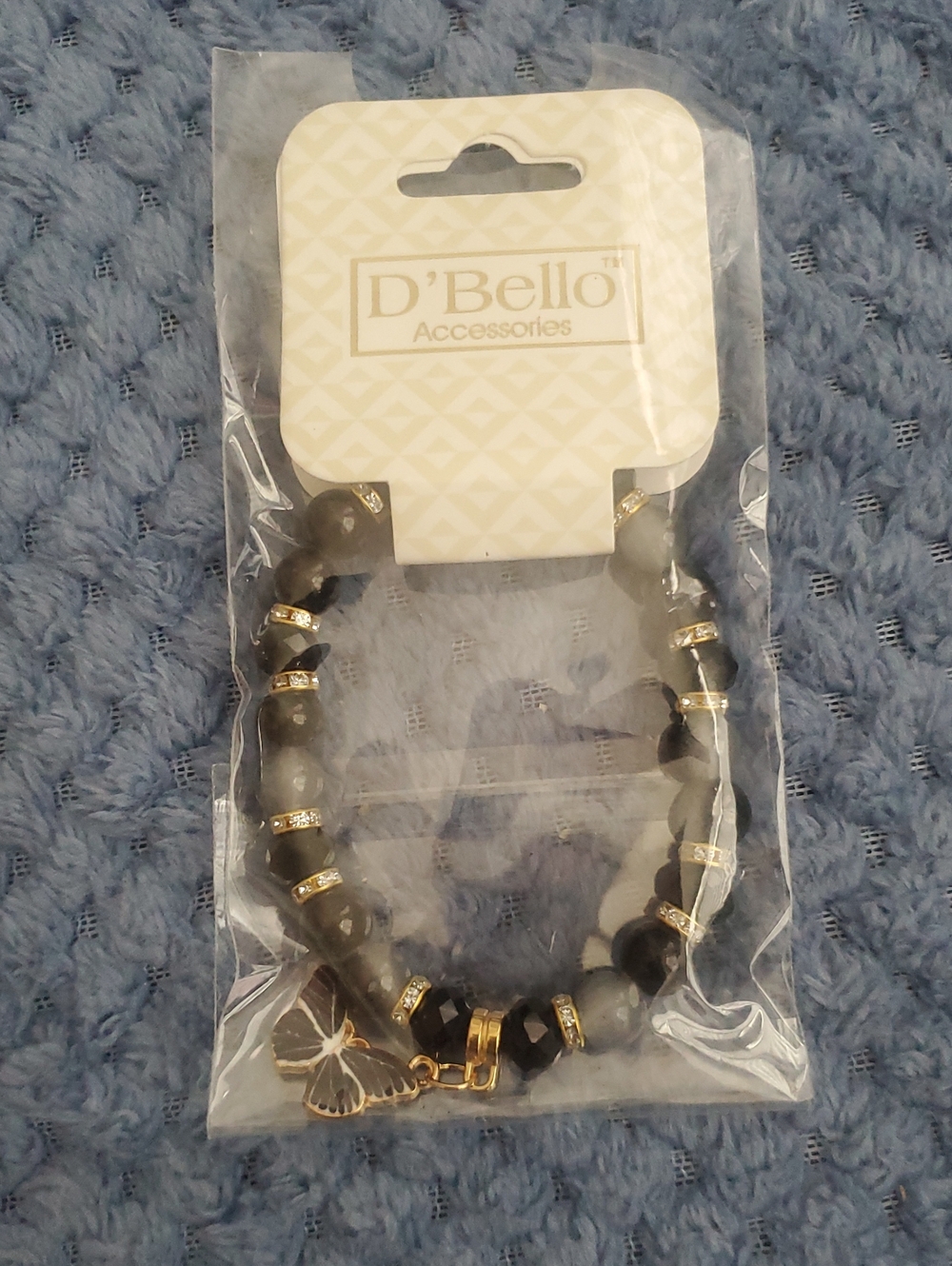 D'Bello Black Beaded Bracelet with Gold Butterfly Accent